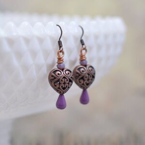 Antiqued Copper Filigree Heart Earrings